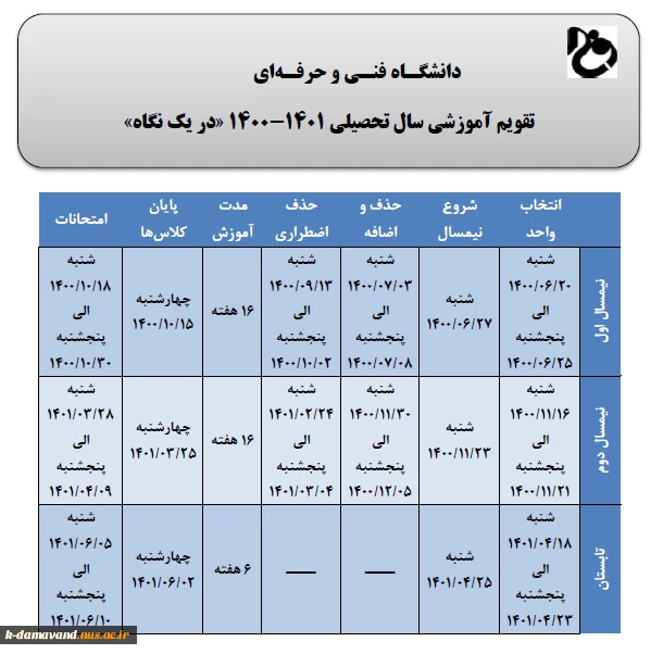 تقویم آموزشی 1400-1401